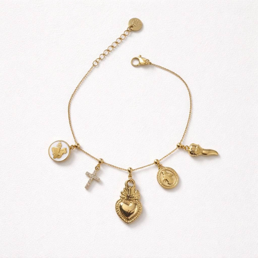 Bracciale acciaio inox con cuore sacro e charms