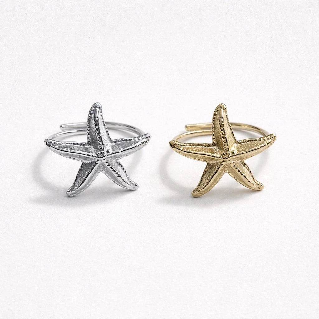 Anello in acciaio inox regolabile con stella marina bold